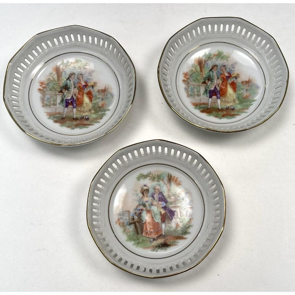 VTG Set 3 SCHUMANN Germany 3.75" Handpainted Reticulated Trinket PLATES Lovers